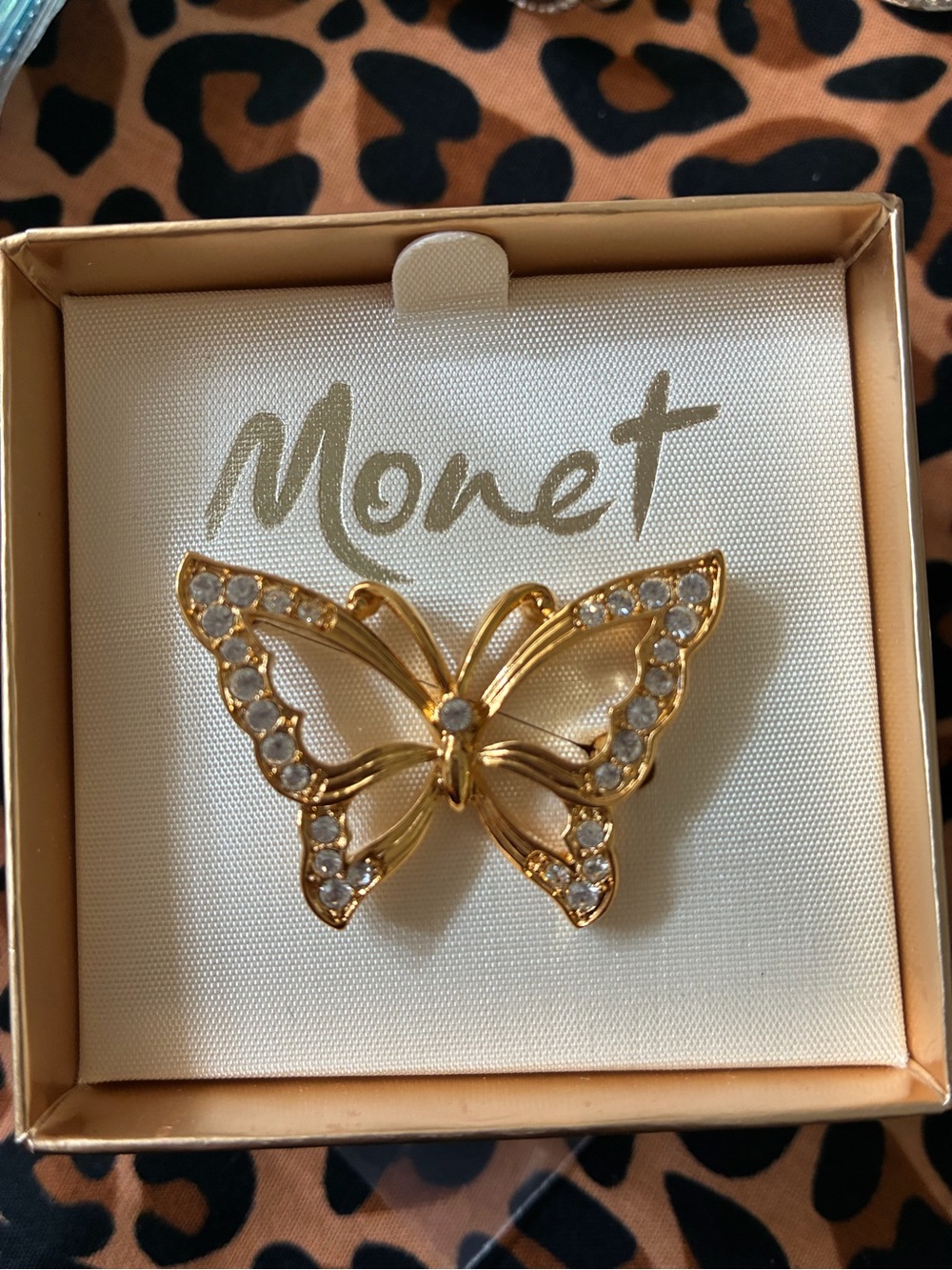 Monet Gold-Tone Butterfly Brooch with Clear Stones